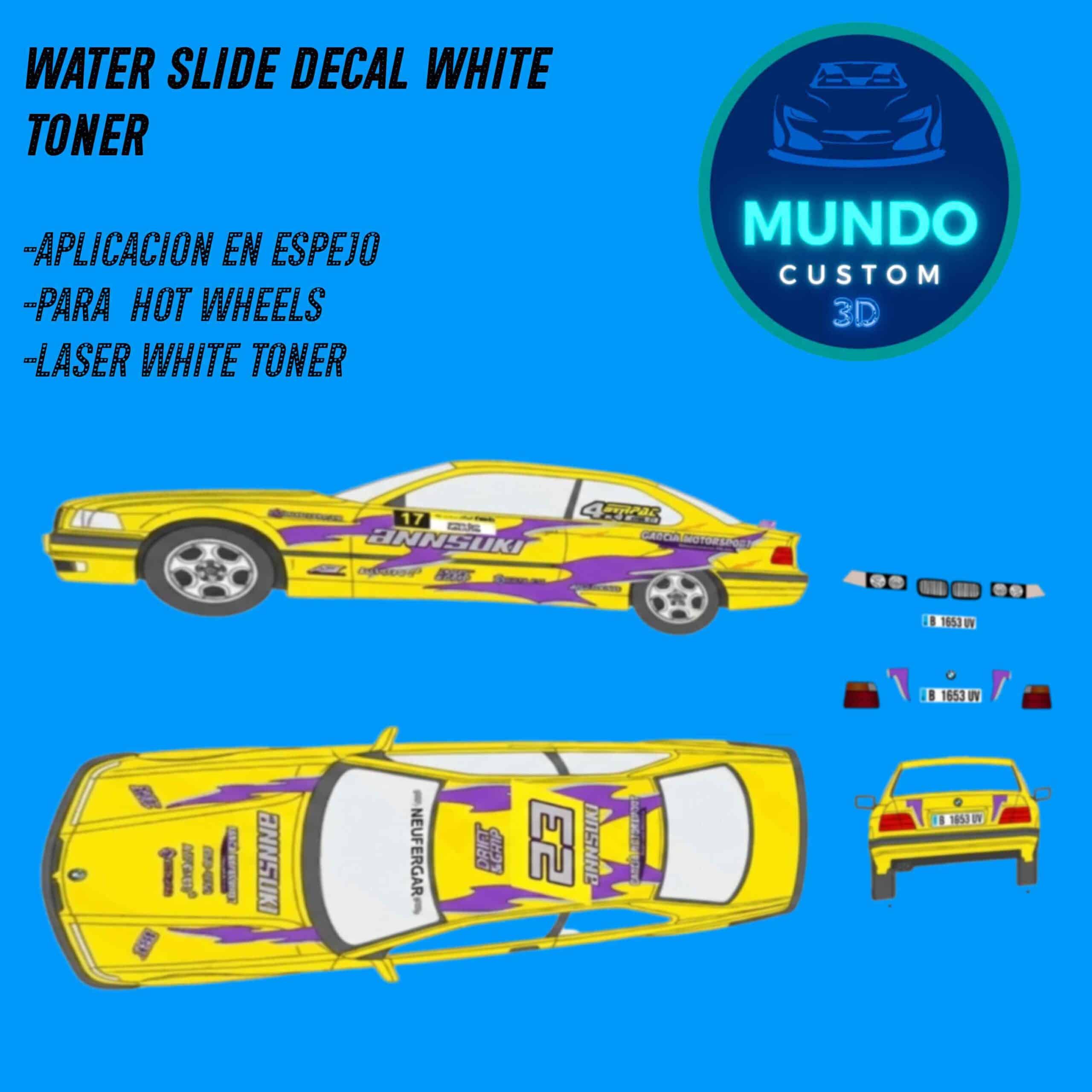 Decals Annsuki con Tinta Blanca para BMW M3 E36 (Hot Wheels) / 318 Compact (Matchbox)