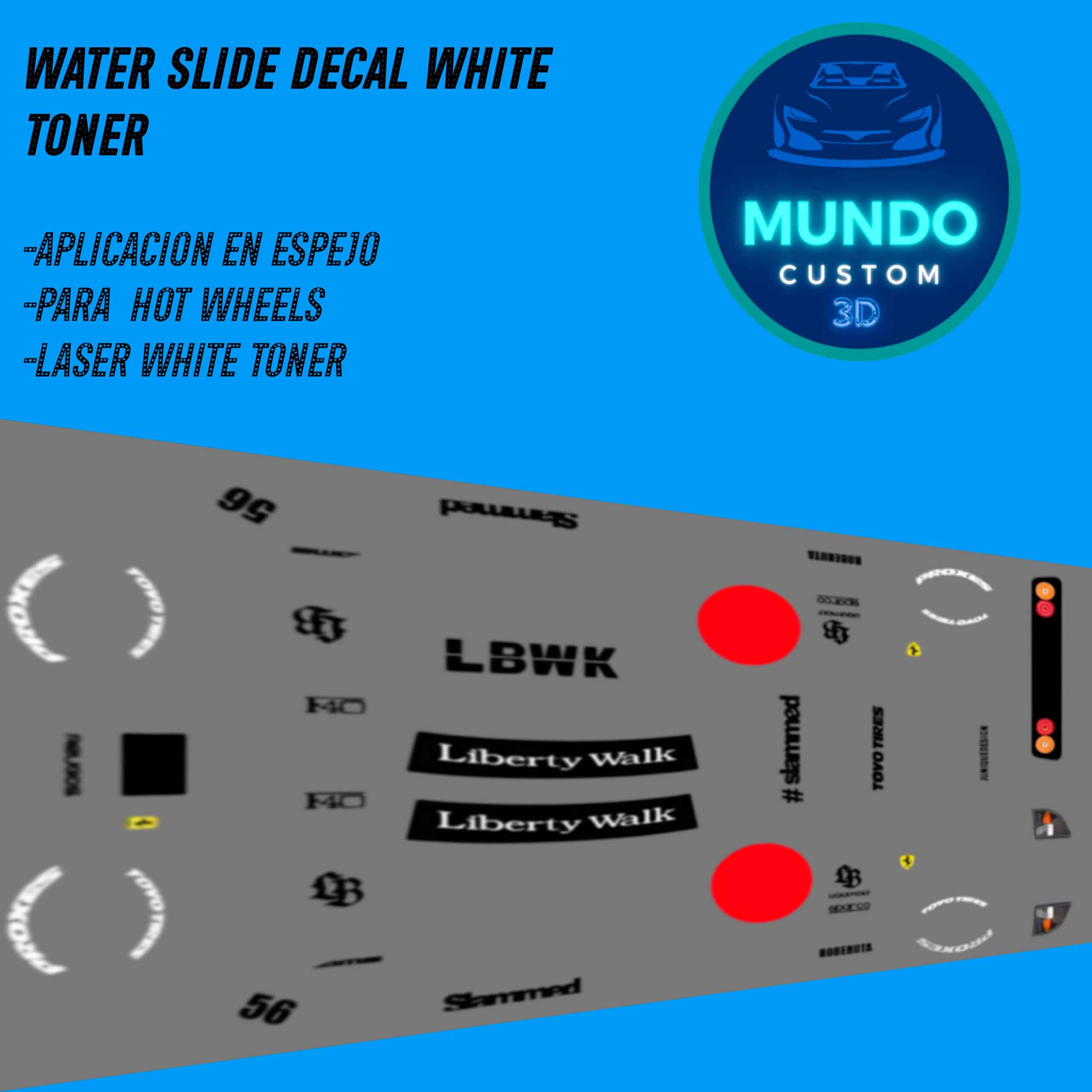 Decals Liberty Walk Ferrari F40 Competizione Hot Wheels 1/64 - Tinta Blanca Custom Kit