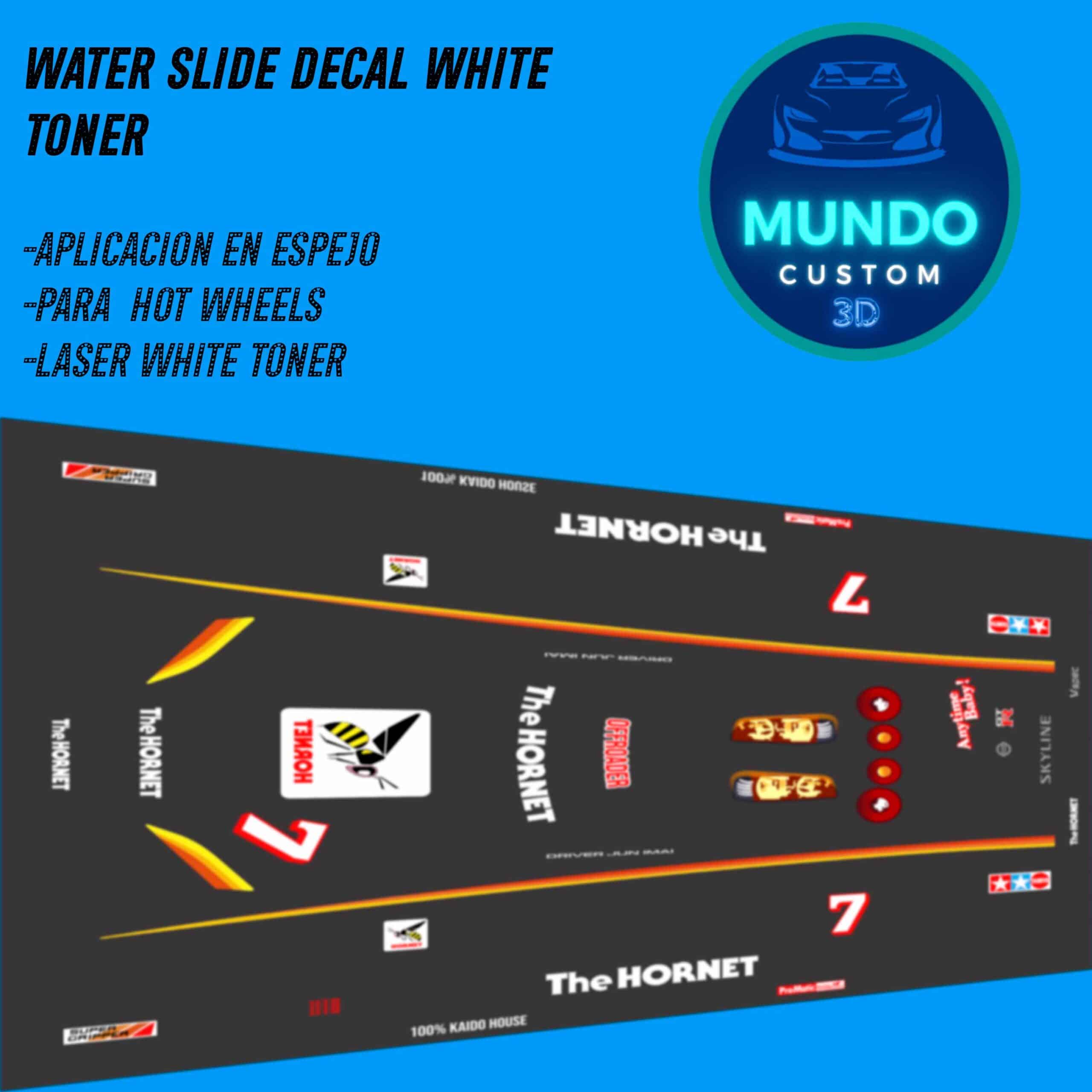 Decals "HORNET" con Tinta Blanca: El Poder del Avispón para tu Nissan Skyline R34 Hot Wheels