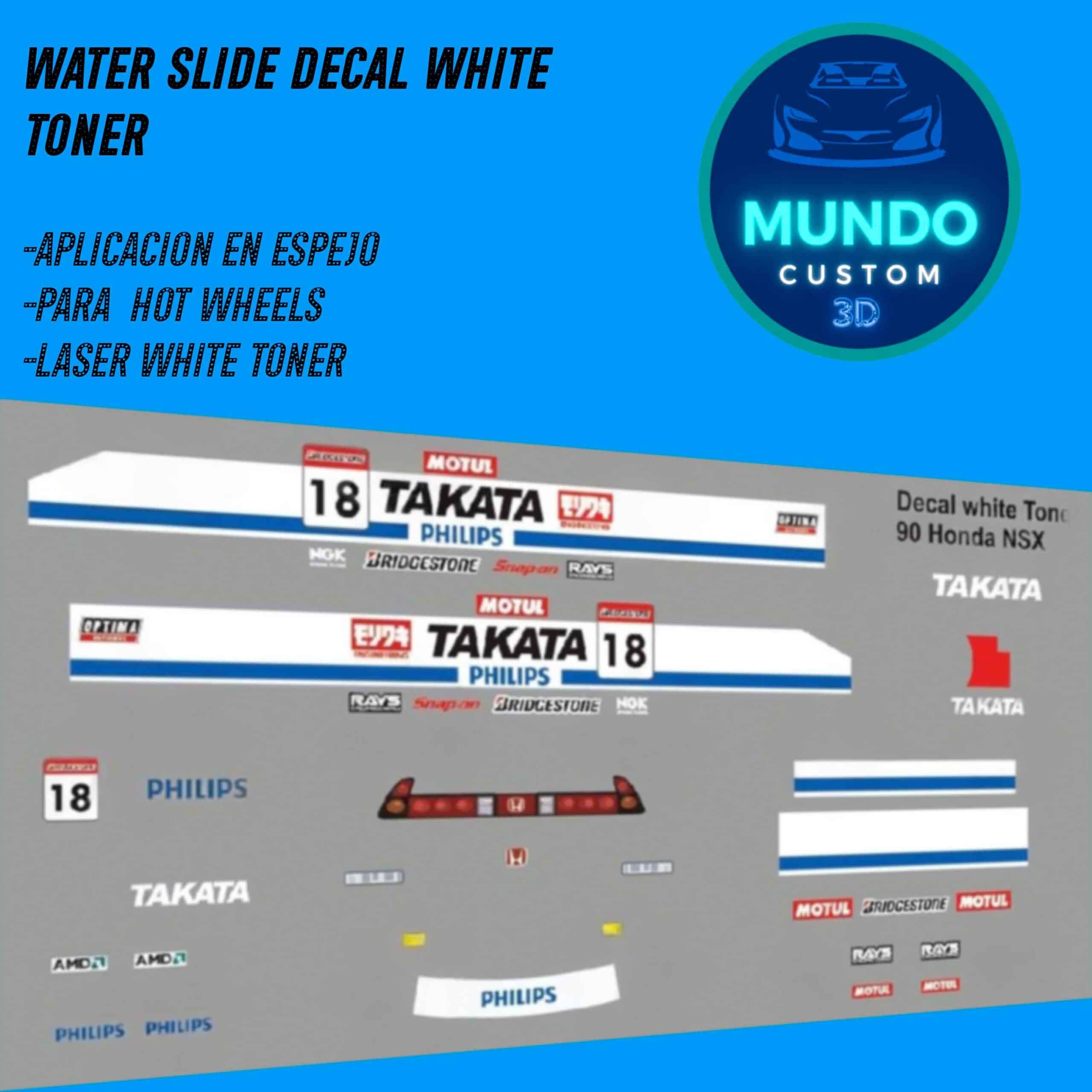Decals "TAKATA-SPEED" en Tinta Blanca: La Estética Racing para tu Honda NSX 90 Hot Wheels