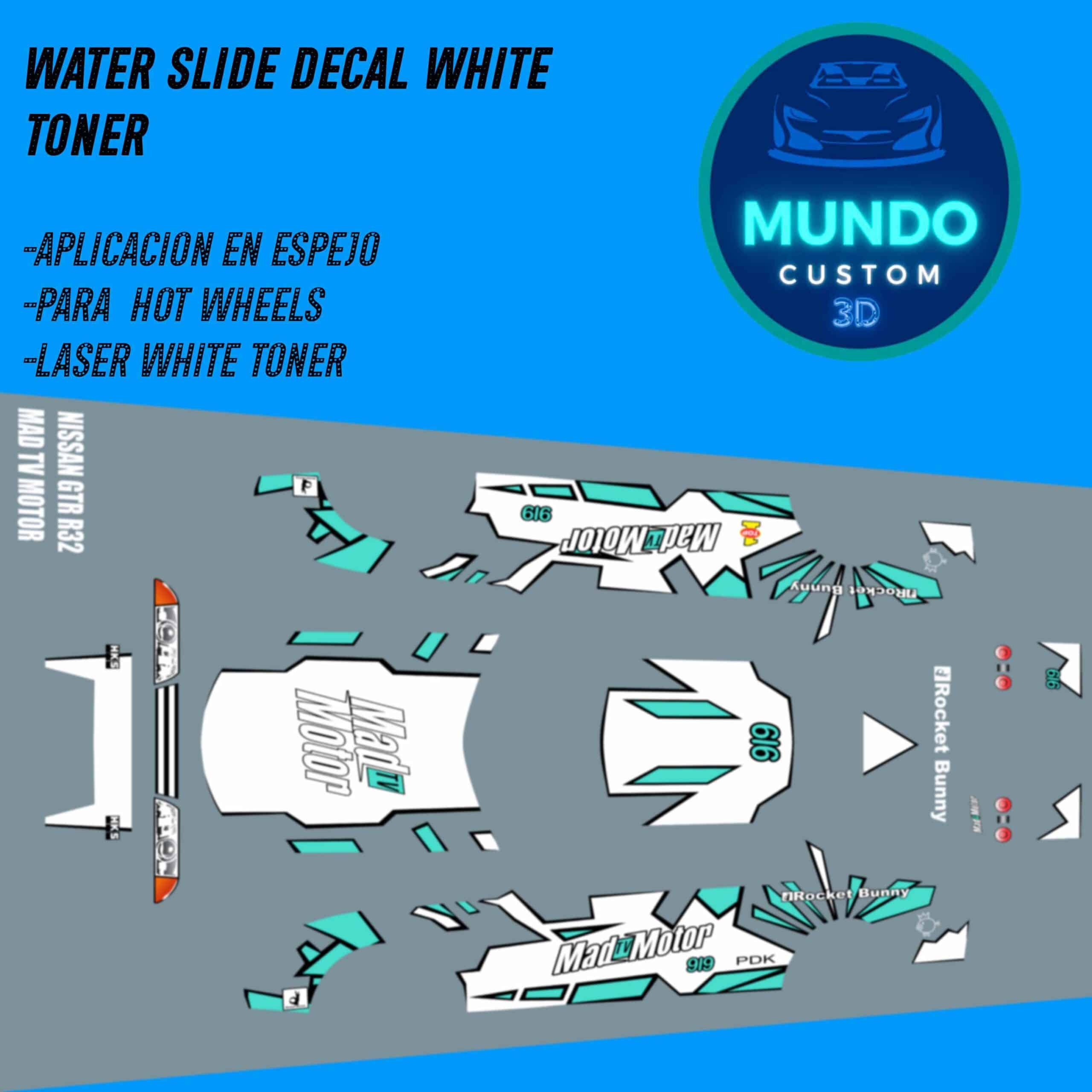 ¡Sintoniza el Tuning Radical! Pack de Decals "Mad TV Motor" con Tinta Blanca Real: Nissan Skyline R32 (Hot Wheels 1:64)
