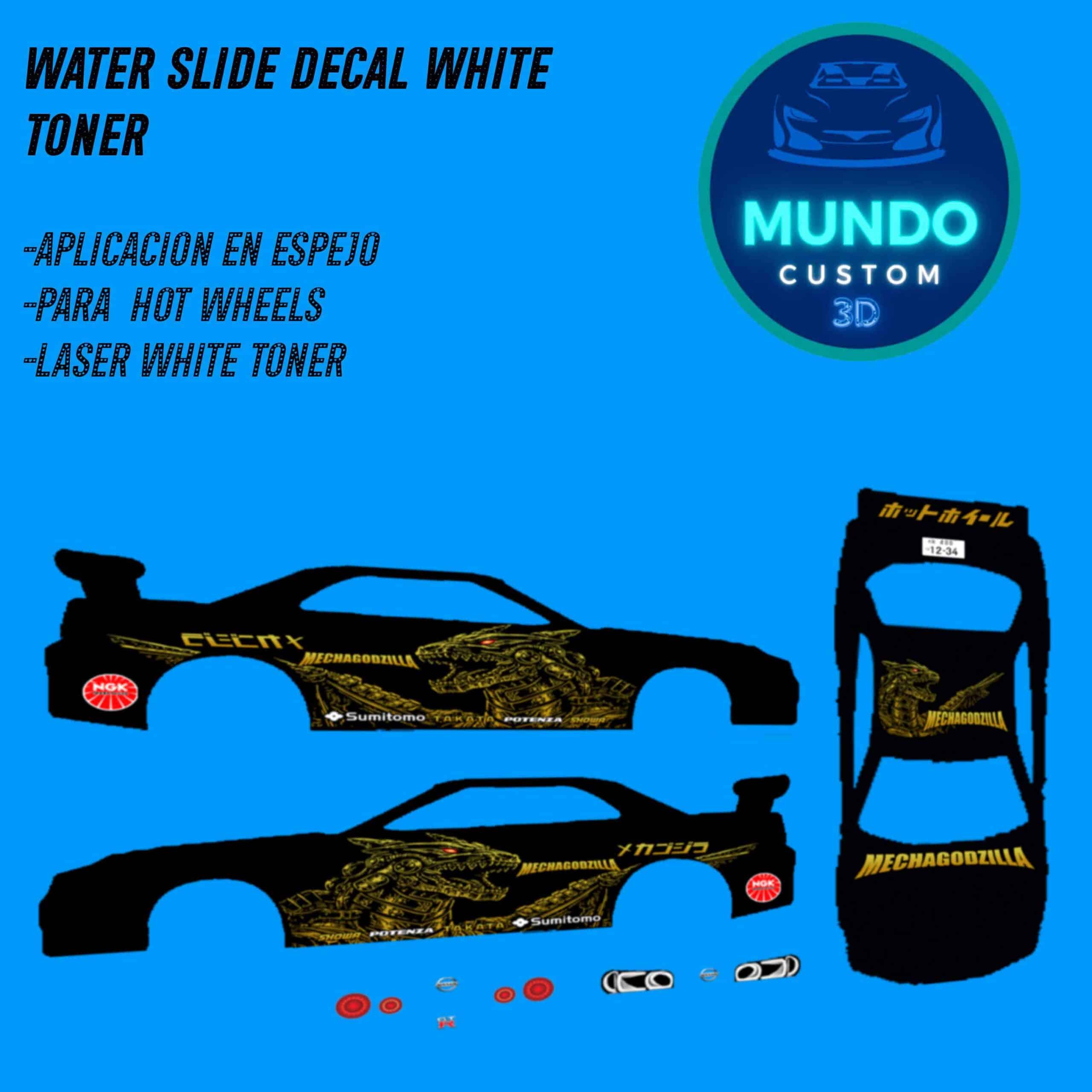 Decals "MECHAGODZILLA" con Tinta Blanca: La Evolución Cibernética para tu Nissan Skyline R34 Hot Wheels