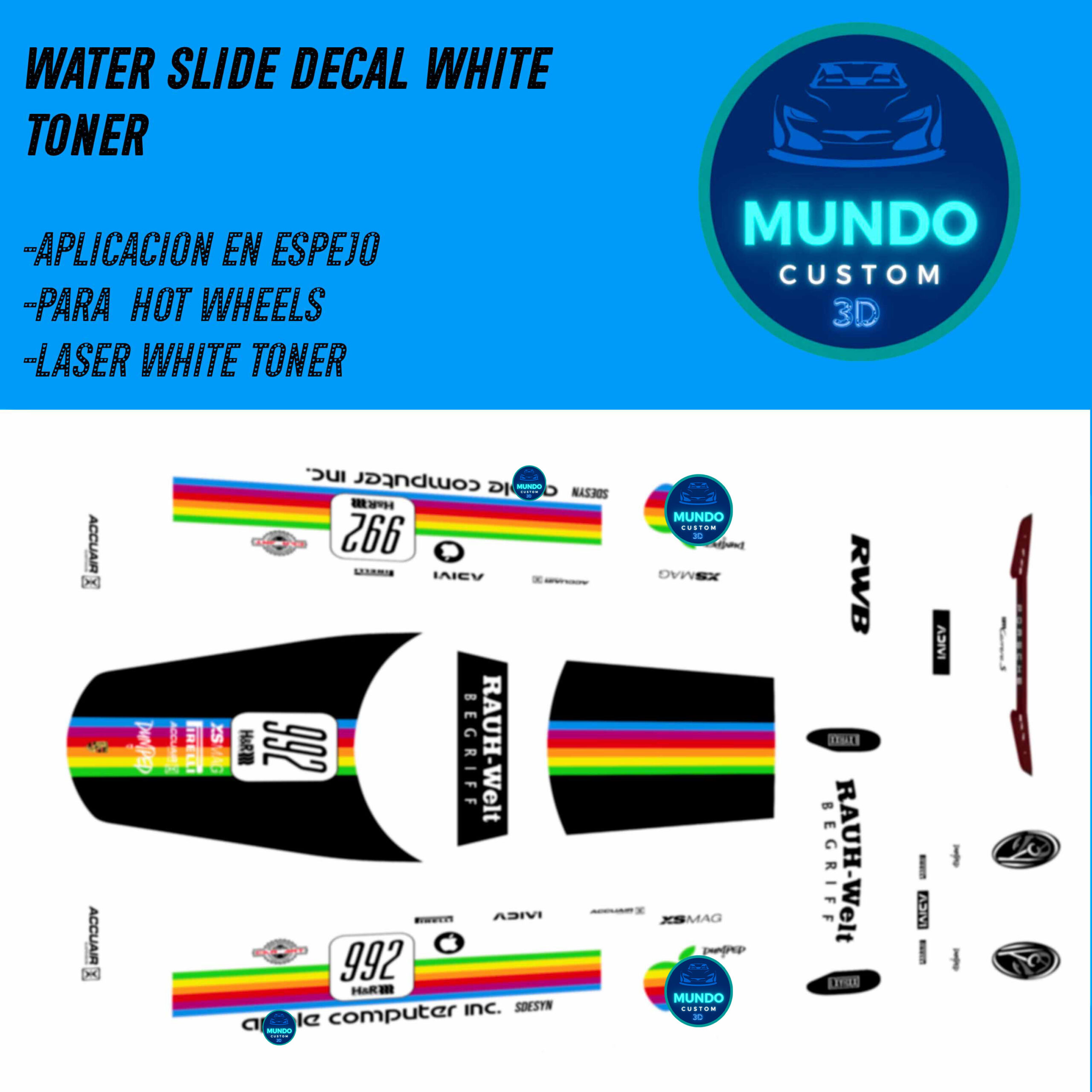 Decals Manzana Tinta Blanca para Porsche 911 GT3 Hot Wheels (Escala 1:64)