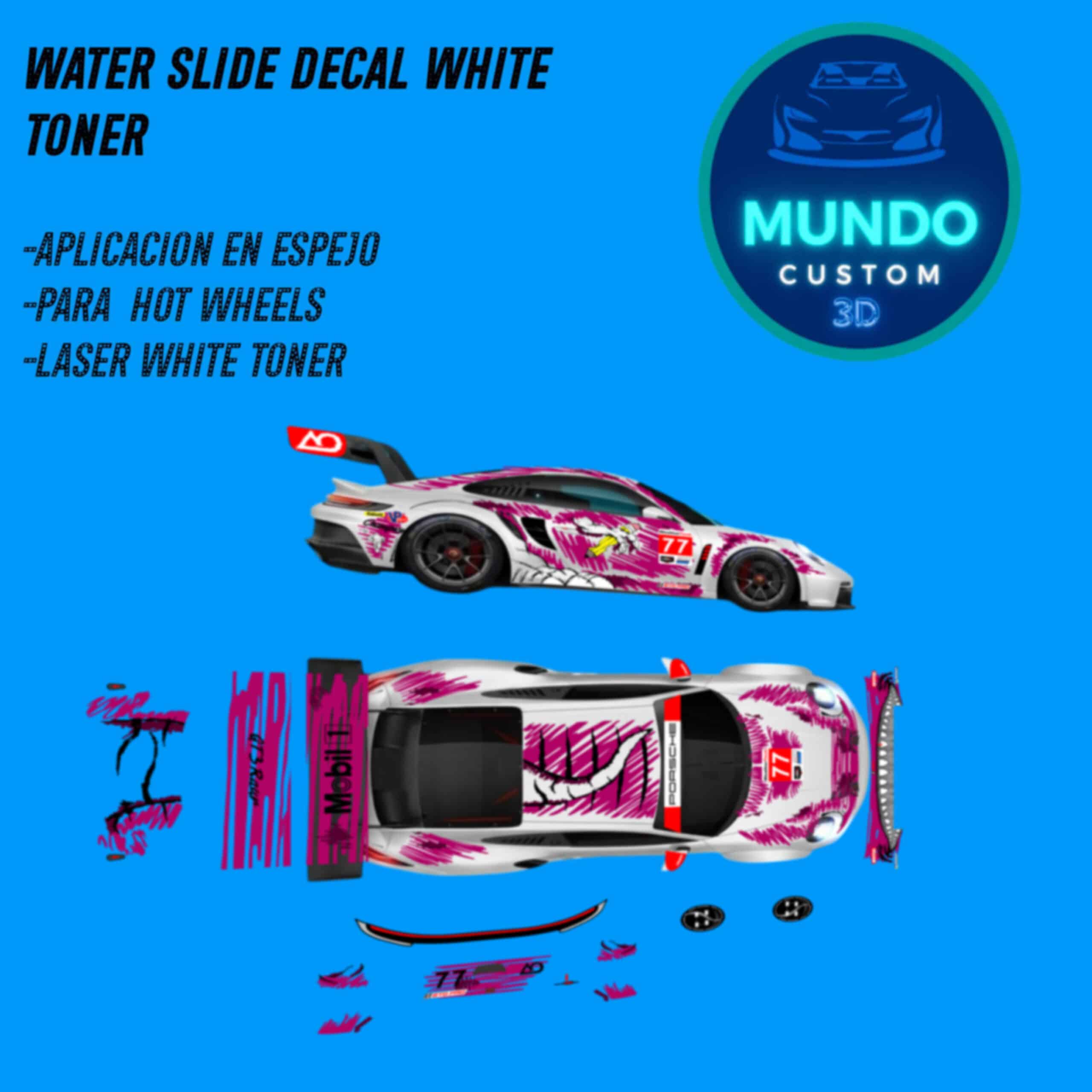 Decals Sketchy Rosa Tinta Blanca para Porsche 911 (992) GT3 Hot Wheels (Escala 1:64)