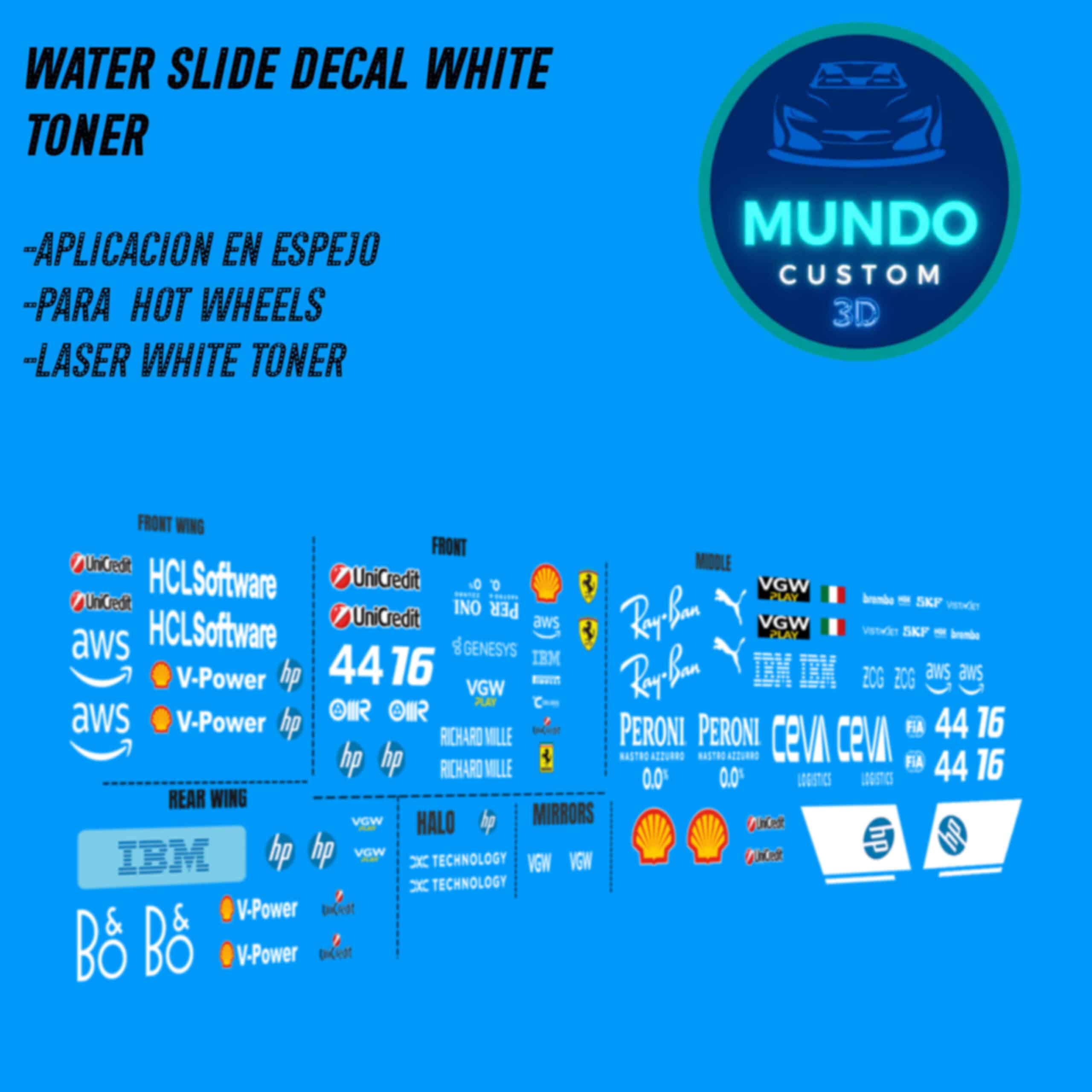 Decals Ferrari F1 Team Tinta Blanca para F1 Hot Wheels (Escala 1:64)