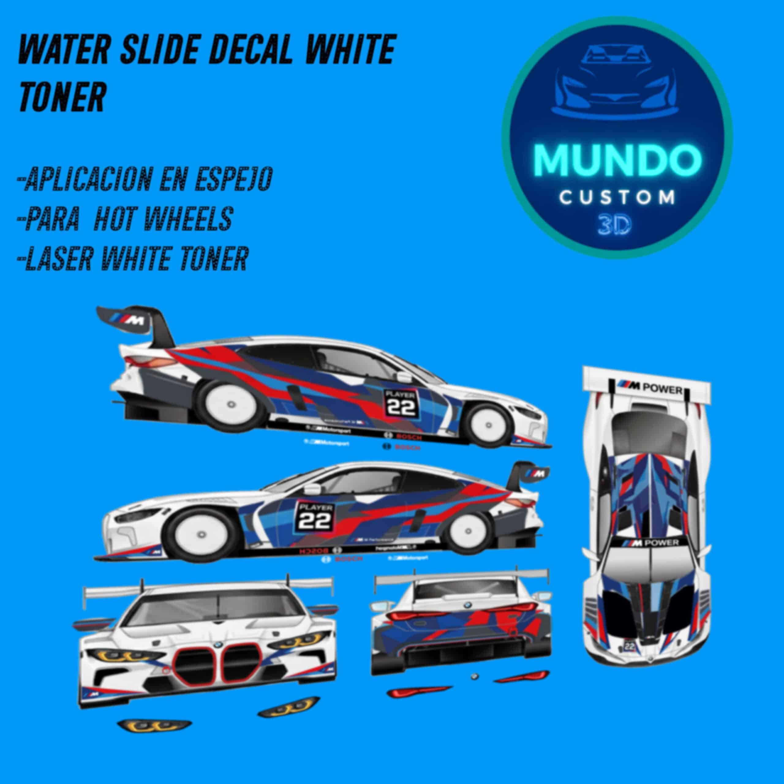 Decals M Power Tinta Blanca para BMW M4 GT3 Hot Wheels (Escala 1:64)