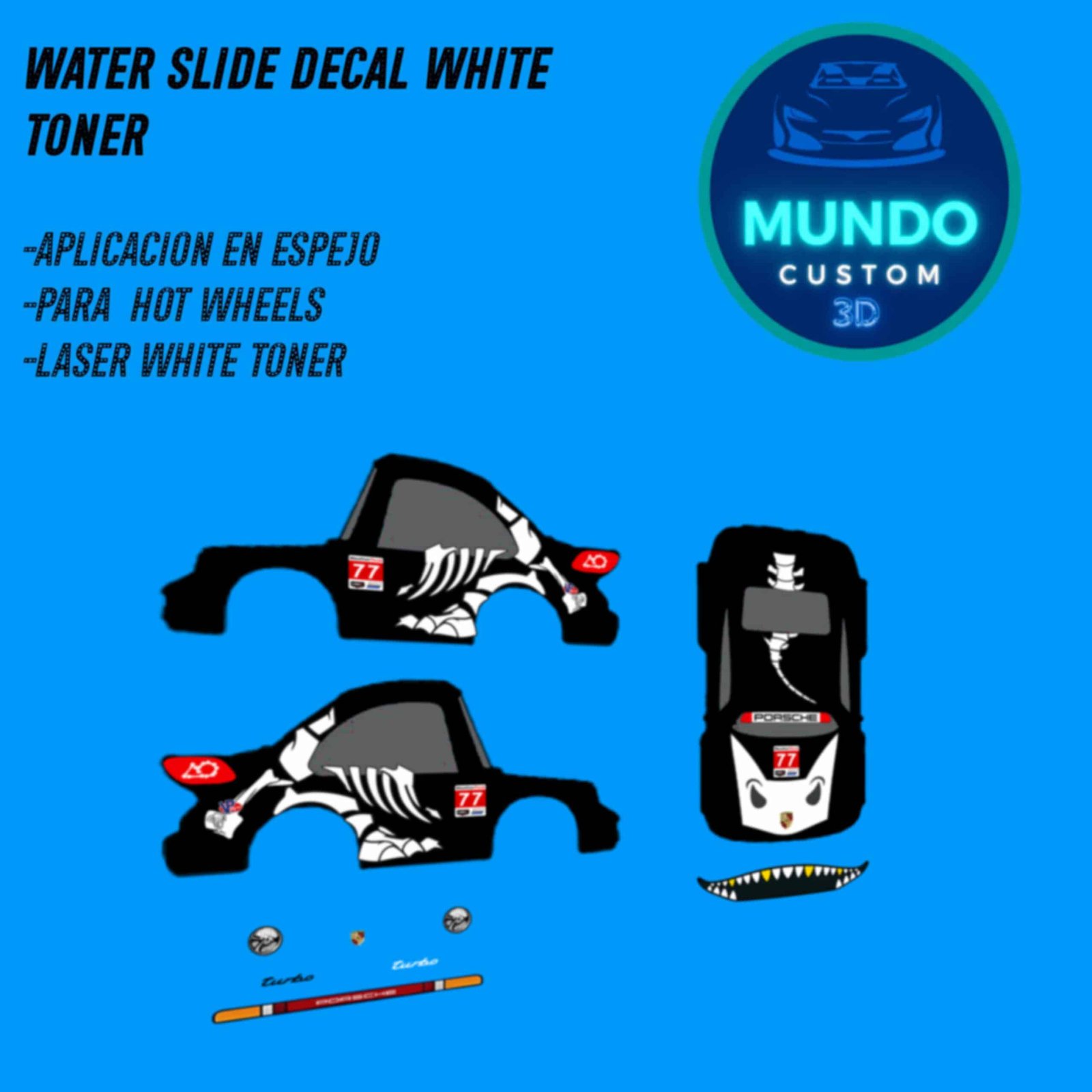 Kit de Decal Skeleton con Tinta Blanca para Porsche Tooned Hot Wheels 1:64