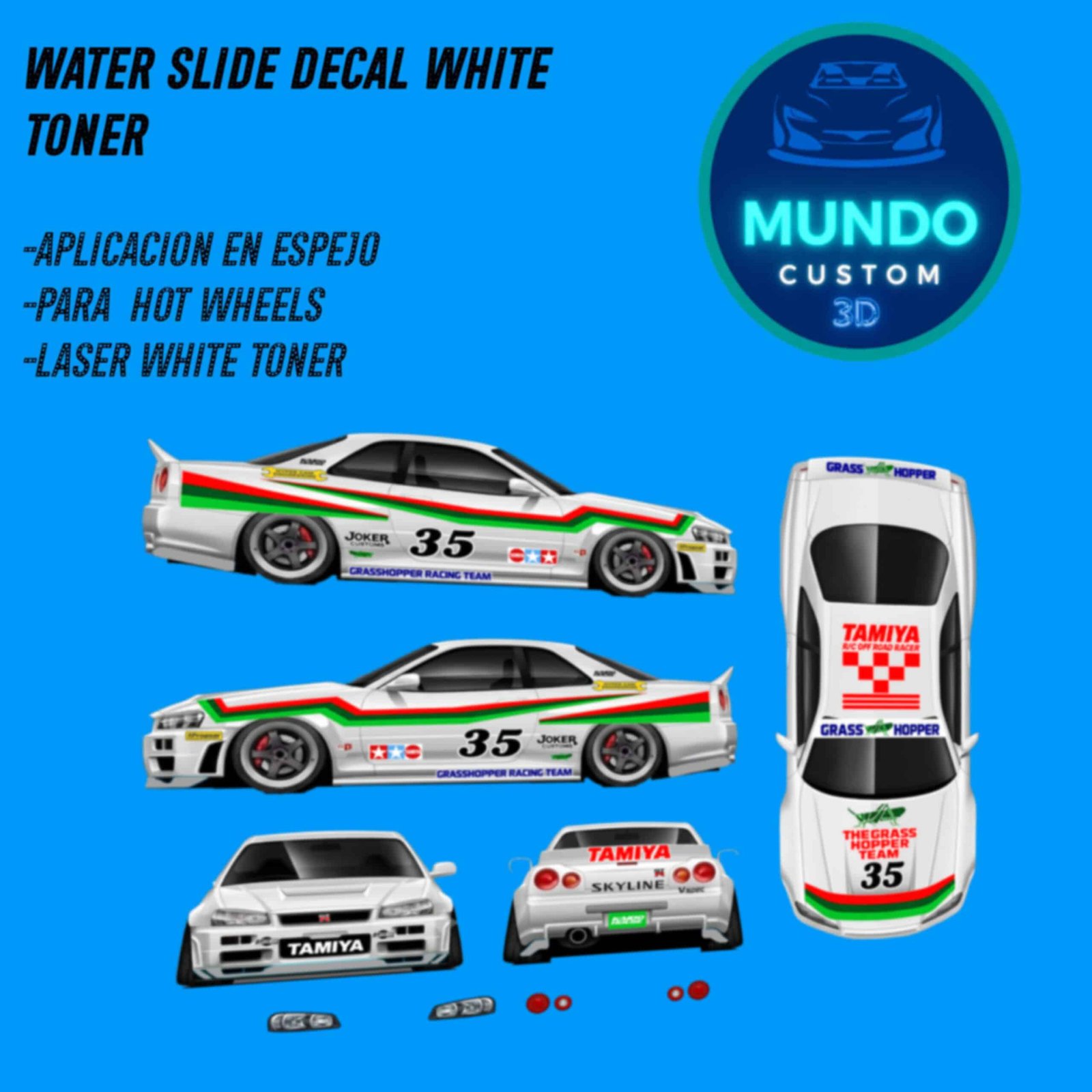 Kit de Decal Grasshopper con Tinta Blanca para Nissan Skyline R34 Hot Wheels 1:64